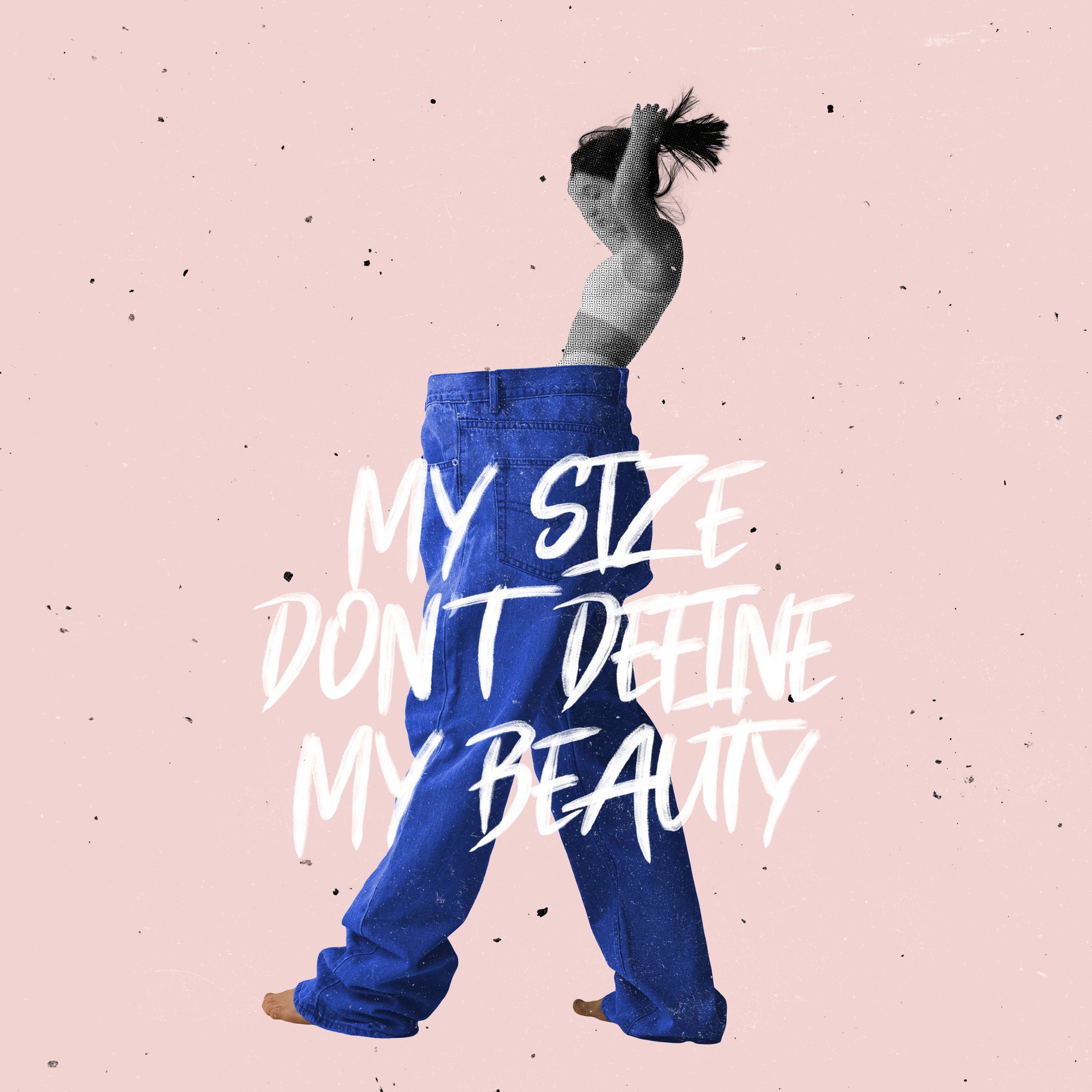 Conceptual image of slender young girl in giant jeans isolated over pink background for a brand's social media